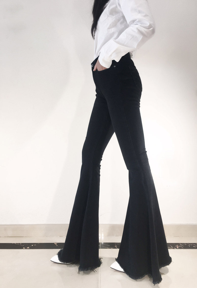 欧美鱼尾牛仔裤女显复古明星同款高腰黑色弹力牛仔裤