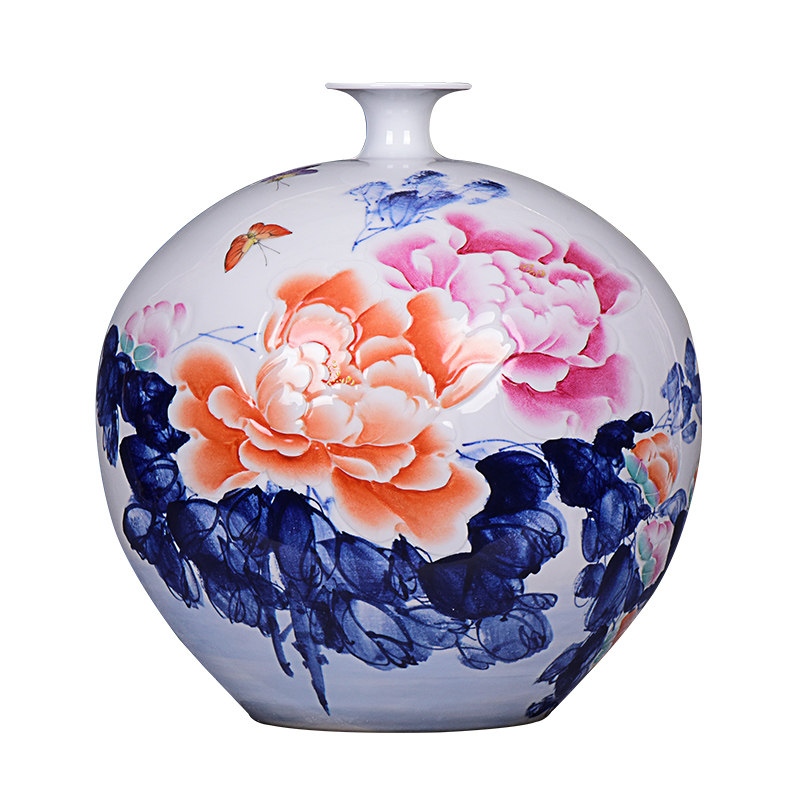 景德镇陶瓷手绘浮雕粉彩花开富贵花瓶现代家居客厅装饰品花瓶