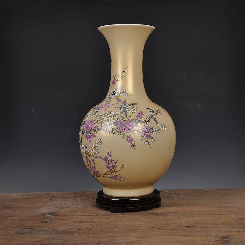 景诺景德镇陶瓷粉彩时时报喜金色花瓶中式家居饰品摆件花瓶