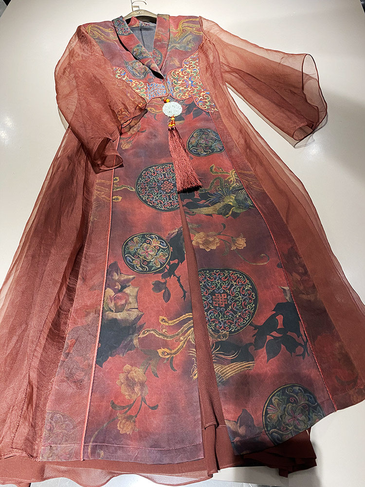 红颜白首vvip高定加厚加长凤纹香云纱手绣长连衣裙