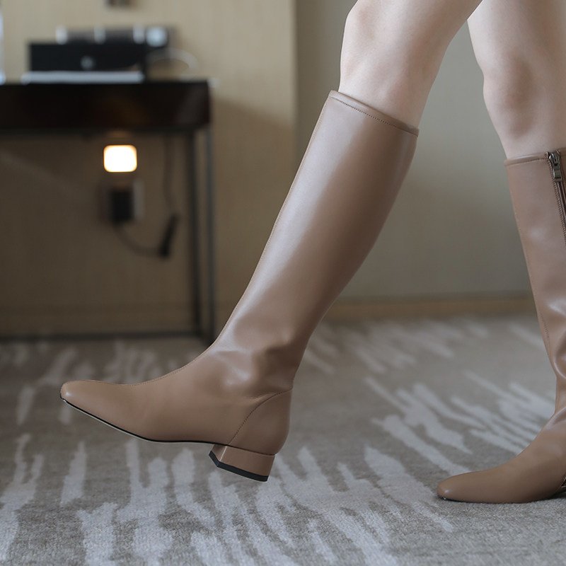 全牛皮!韩国白色高筒靴女真皮显瘦小腿靴低跟平底长筒靴女骑士靴