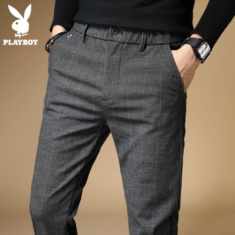 花花公子休闲裤男士修身小脚西裤2022新款潮流格子长裤子男裤春秋