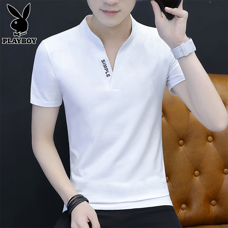 花花公子短袖t恤男士白色半袖衣服男装夏季潮流百搭纯棉体恤男款
