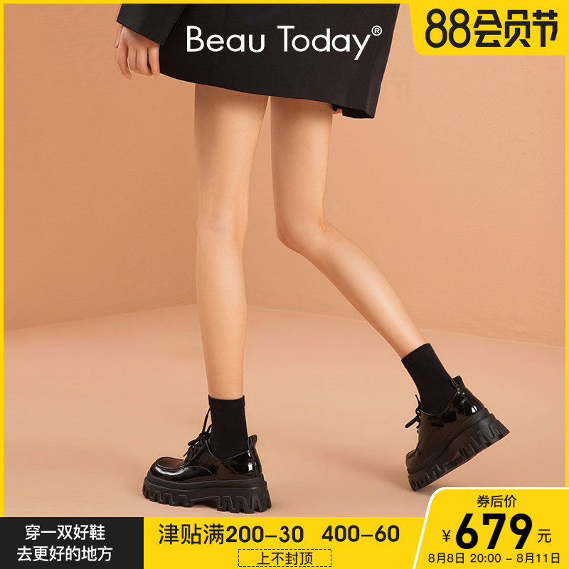 BeauToday厚底小皮鞋春秋英伦风黑色大头鞋平底单鞋复古漆皮女鞋
