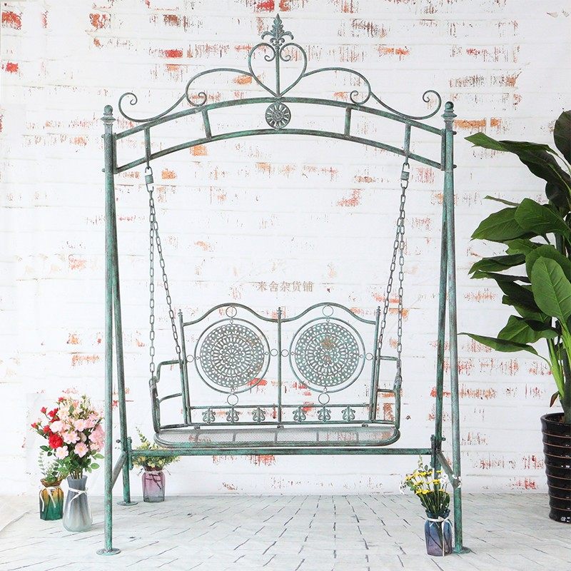 欧式做旧美式铁艺户外庭院秋千双人摇椅爬藤户外秋千
