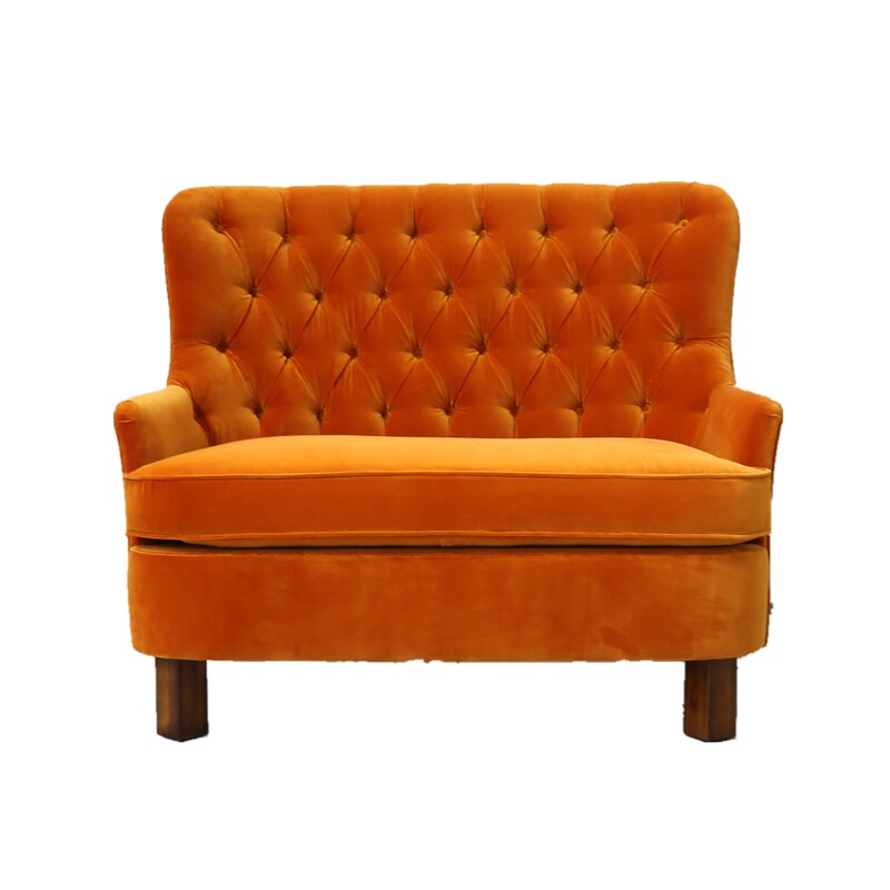 法式复古双人位橘色小沙发后现代简约拉扣沙发小户型客厅推荐家具