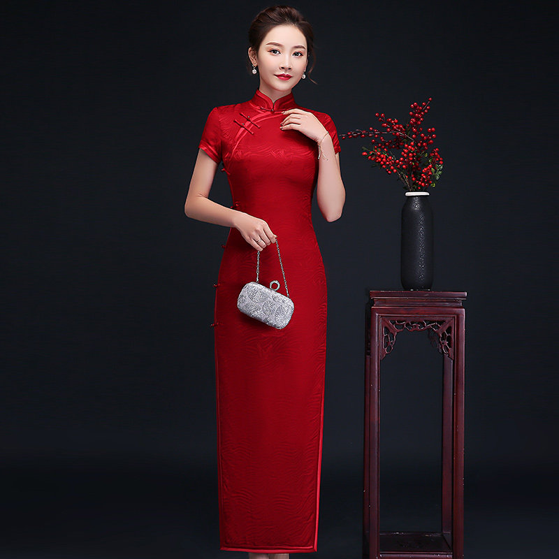 旗袍礼服复古真丝红色长款上海传统显瘦妈妈旗袍