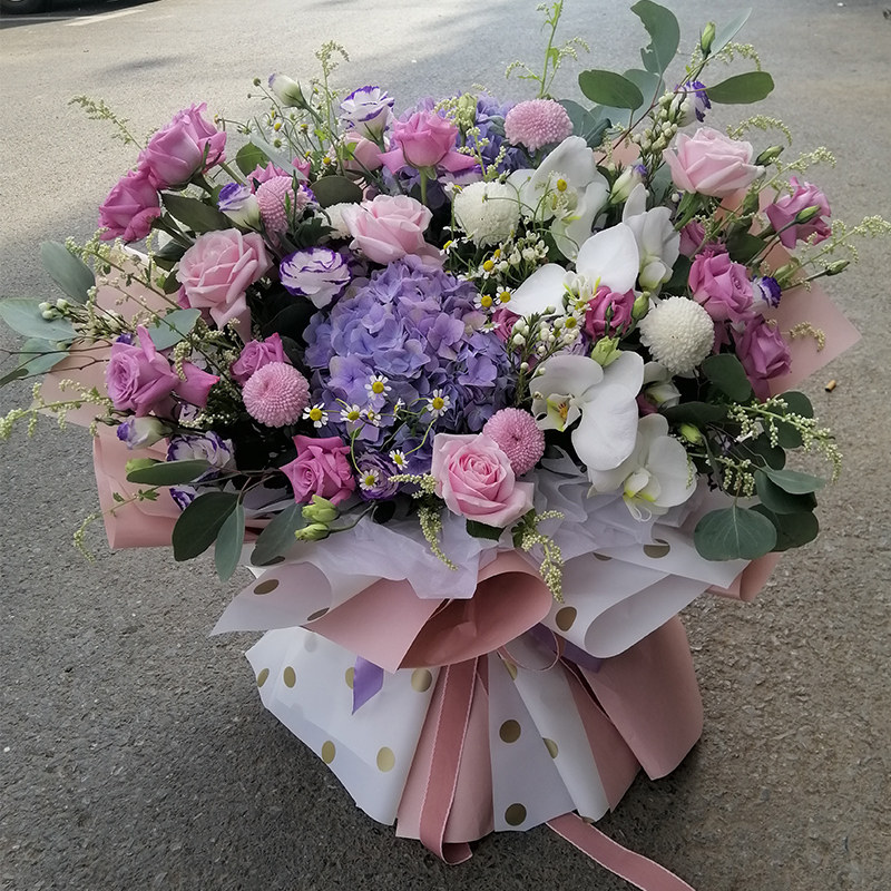 全国鲜花速递同城紫色绣球玫瑰超大熊抱生日花束鲜花速递同城