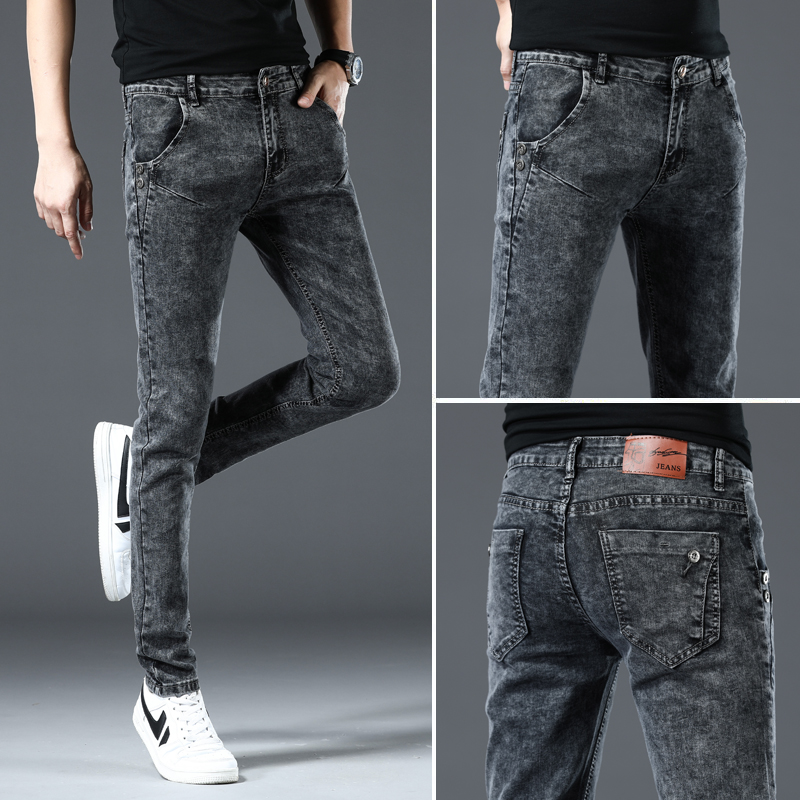 高端雪花牛仔裤男2022夏季薄款修身小脚裤韩版潮流男士百搭长裤子