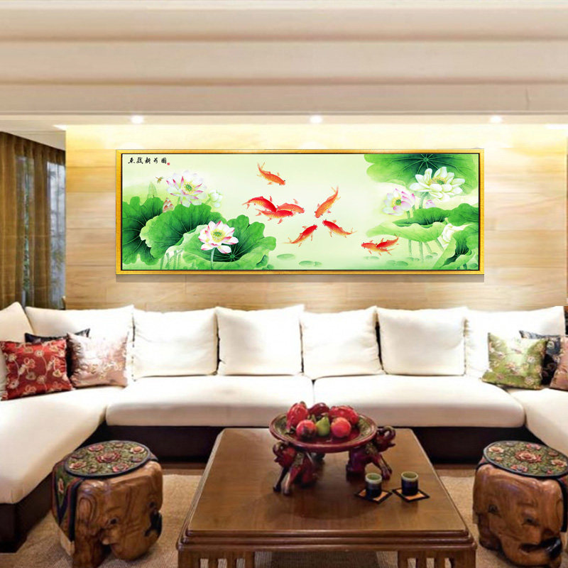 九鱼聚财风水装饰画壁画客厅现代沙发背景墙荷花现代装饰画