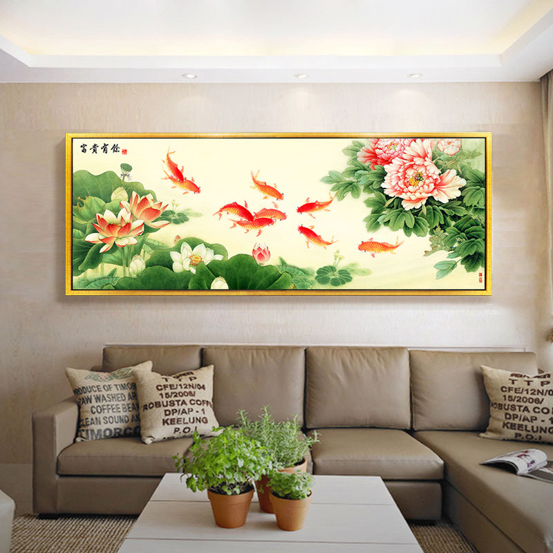 九鱼聚财风水装饰画壁画客厅现代沙发背景墙荷花现代装饰画