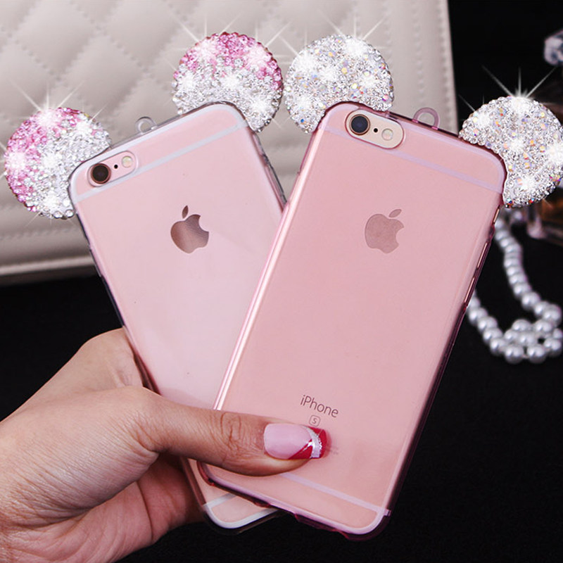米奇耳朵iphone6s plus手机壳 苹果6保护套带钻7plus软硅胶挂绳女