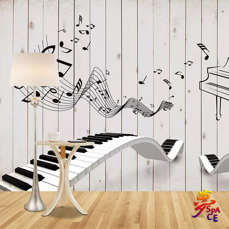 音乐背景墙现代简约木板手绘钢琴音符墙纸客厅卧室艺术壁纸3d立体