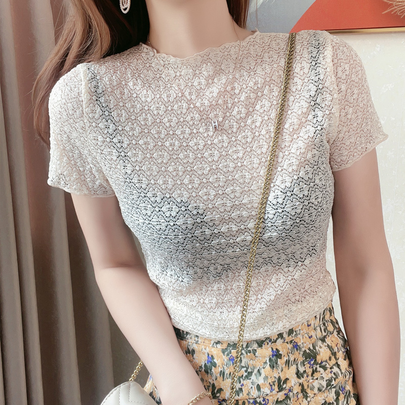 透视蕾丝上衣夏季2021新款镂空吊带裙内短袖蕾丝衫