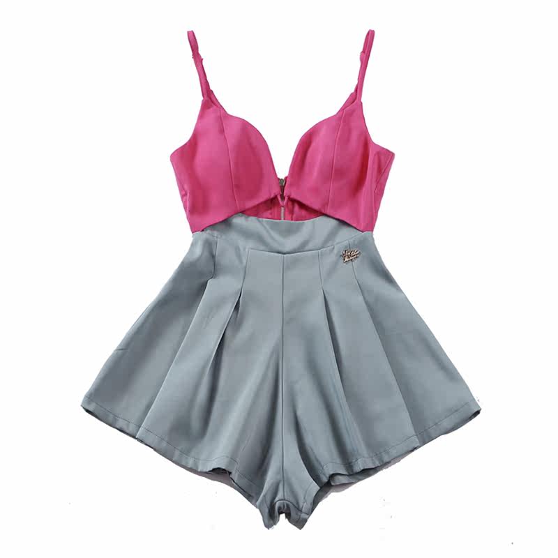 le palais vintage复古显腿长高腰低胸撞色连体裙裤