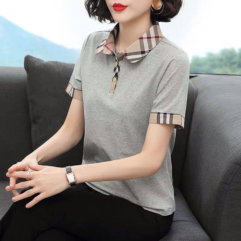 短袖t恤女有领上衣2020年春装新款妈妈装纯棉翻领欧货polp小衫夏