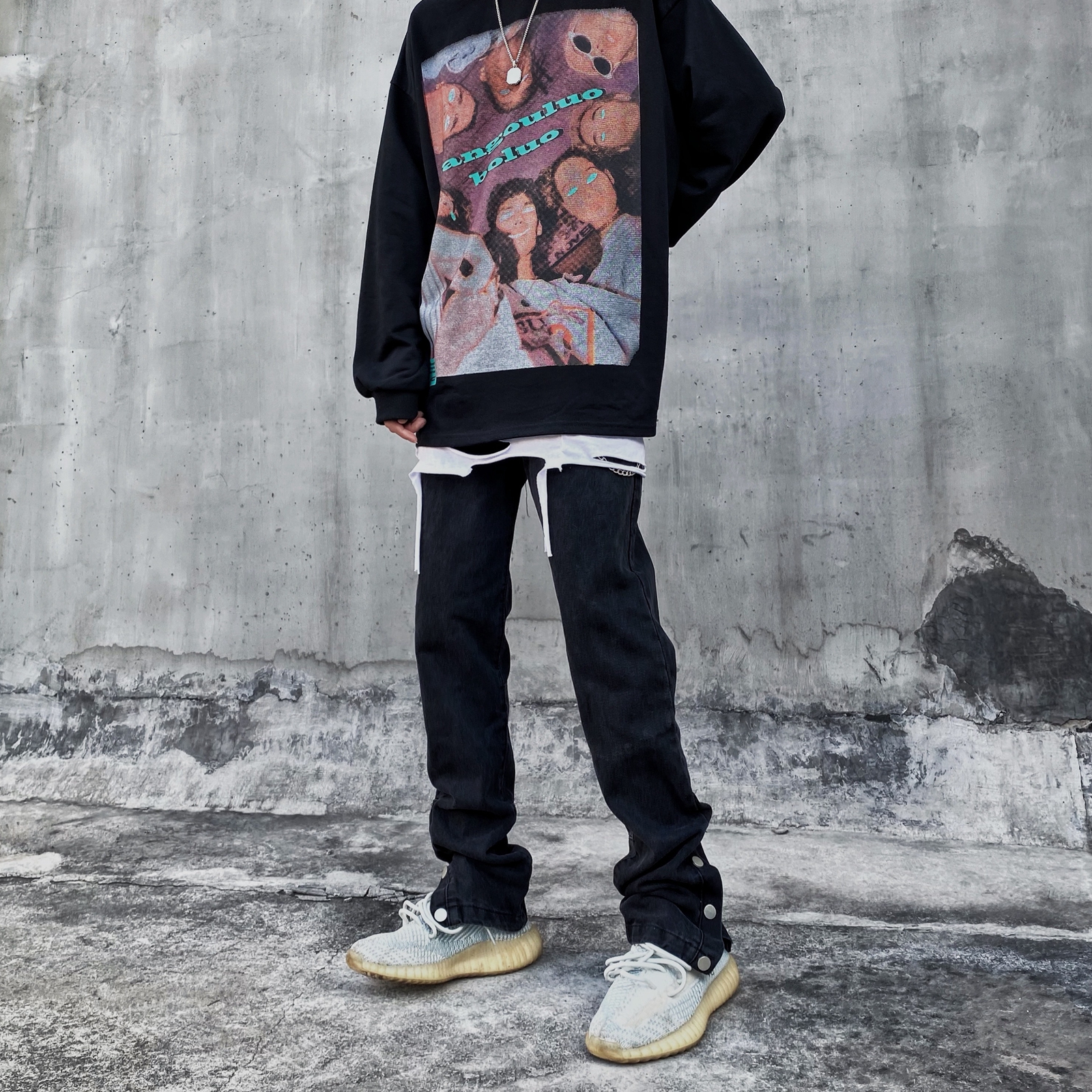 高街设计感黑色牛仔裤潮牌开叉排扣直筒垂坠嘻哈美式hiphop裤子男