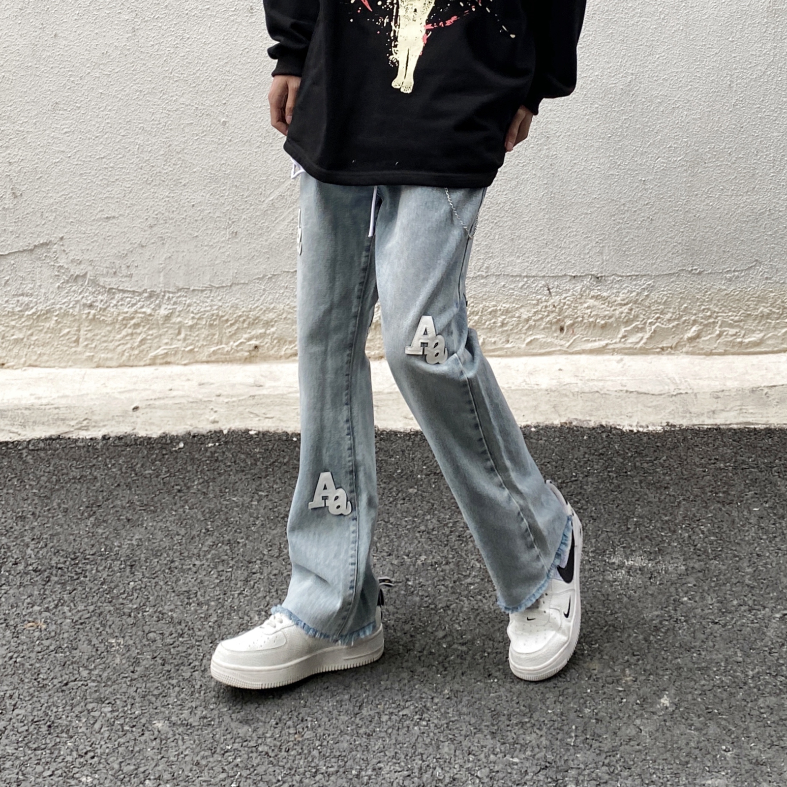 非潮勿近高街vibe风美式复古浅色字母牛仔裤男宽松微喇嘻哈裤子