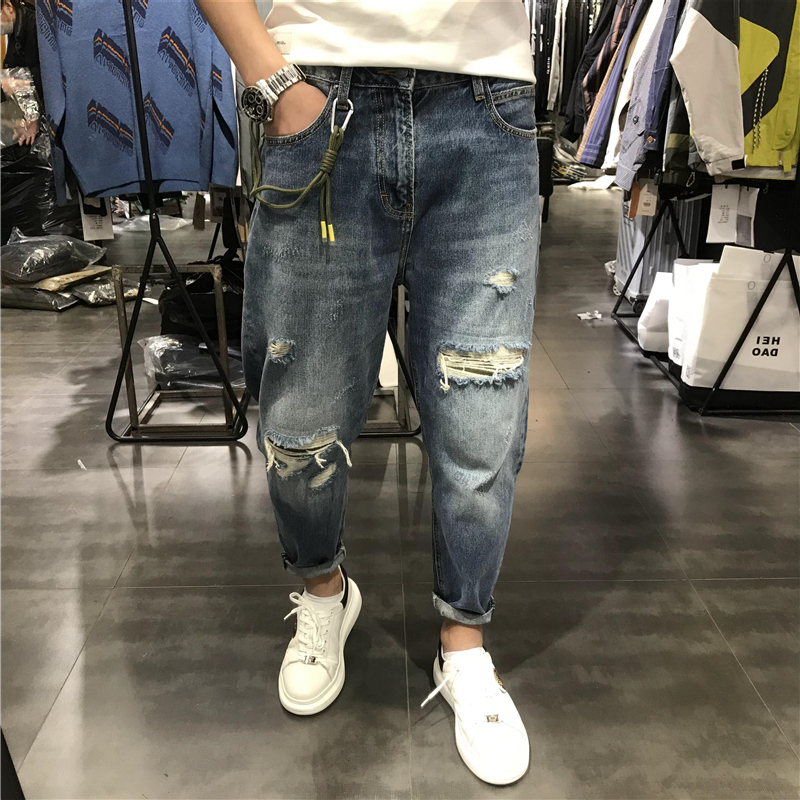 2021春季新品美式休闲男浅蓝色破洞牛仔裤修身水洗小脚男裤九分潮