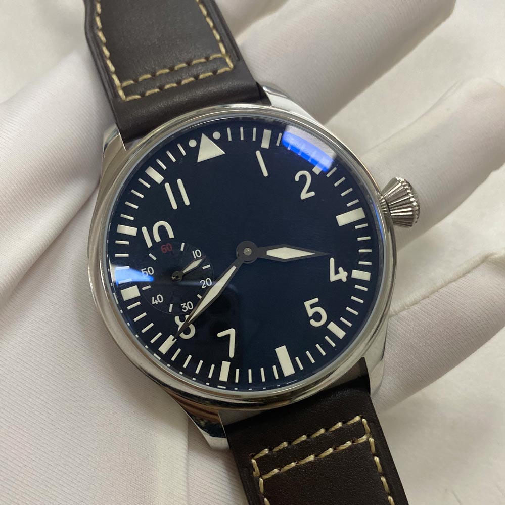 男士手动大飞蓝宝石玻璃手表 44mm 真皮表带 装st3600手动机芯