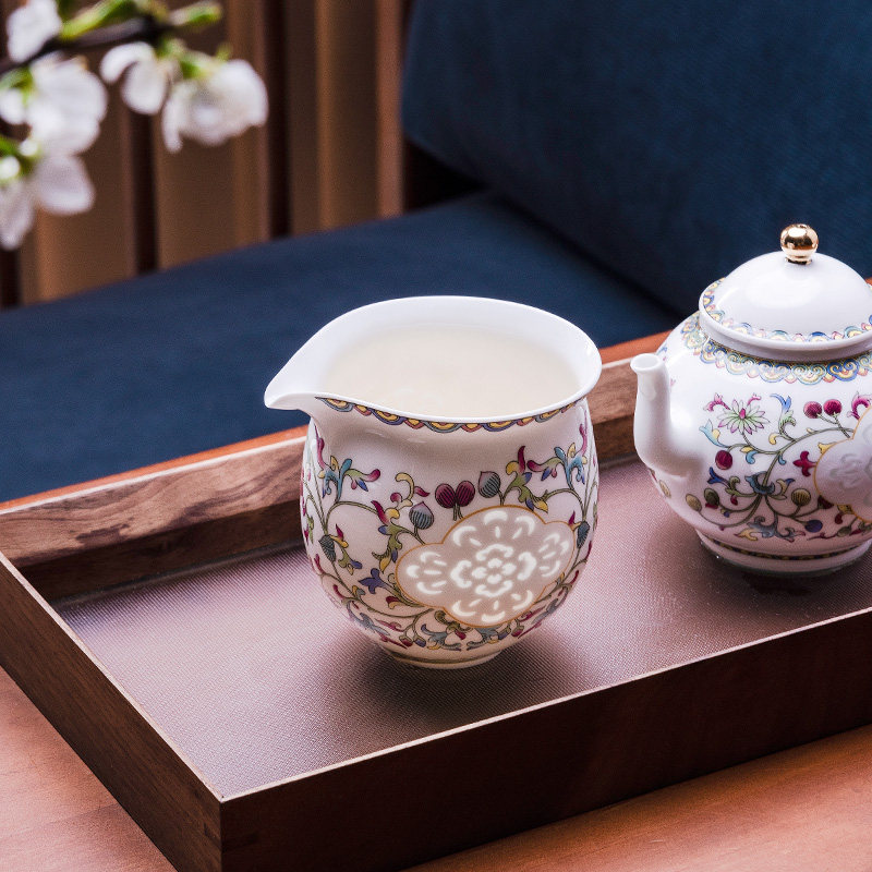 玉柏玲珑粉彩茶具件套茶壶茶海公道景德镇白瓷整套茶具