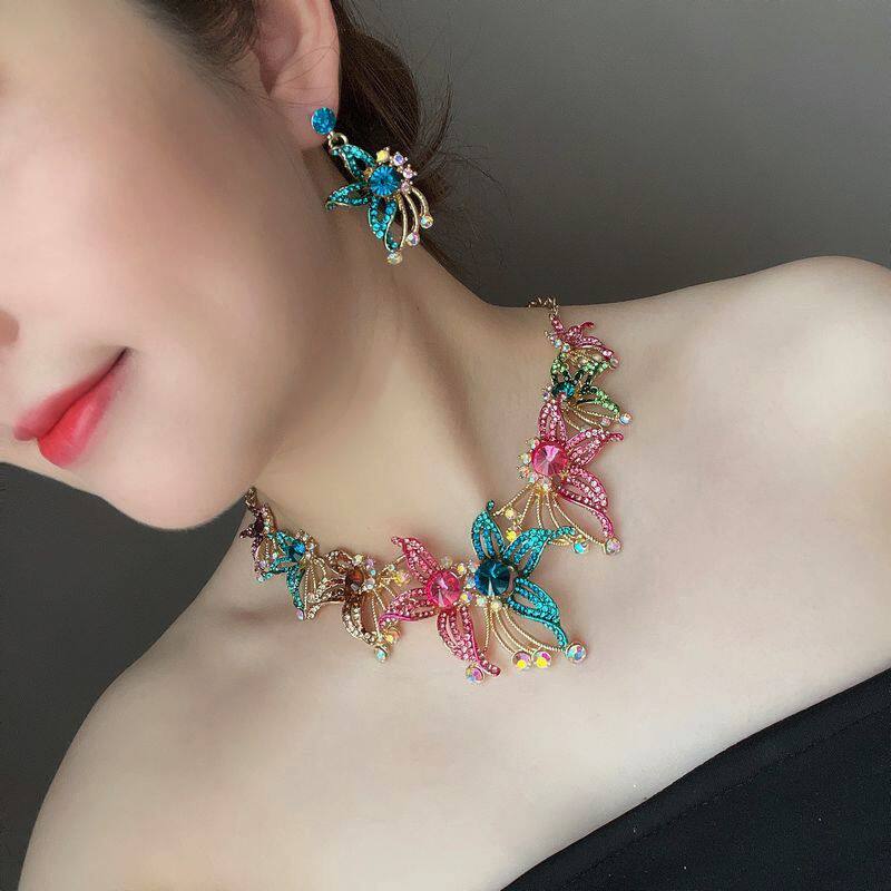 锁骨链女配饰时尚百搭大气彩色立体彼岸花装饰项链