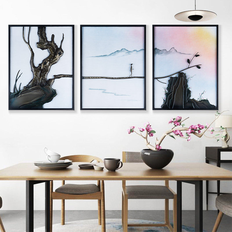 新中式书房手工三联壁画墙画背景墙沙发客厅挂画现代装饰画