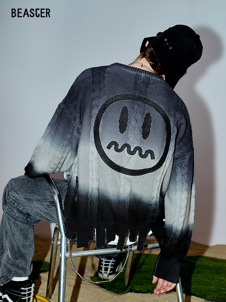 beaster小恶魔鬼脸不规则毛边破坏刺绣毛衣街头复古针织衫