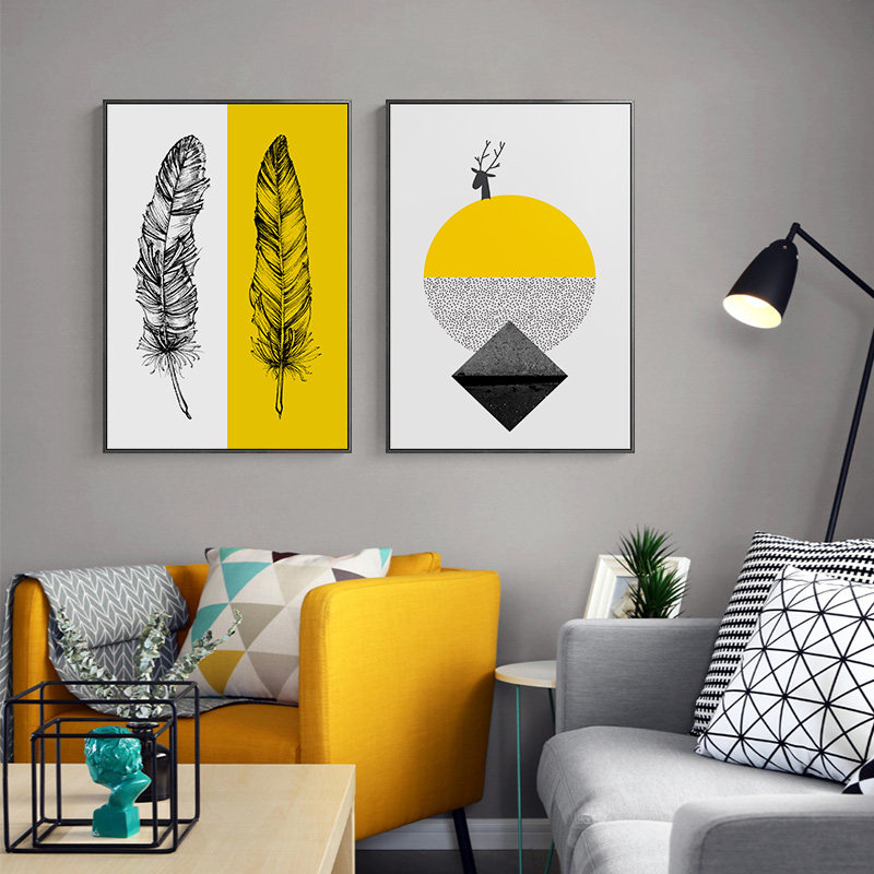 海龙红沙发背景墙装饰画简约客厅餐厅墙面家庭黄色系北欧壁画羽毛