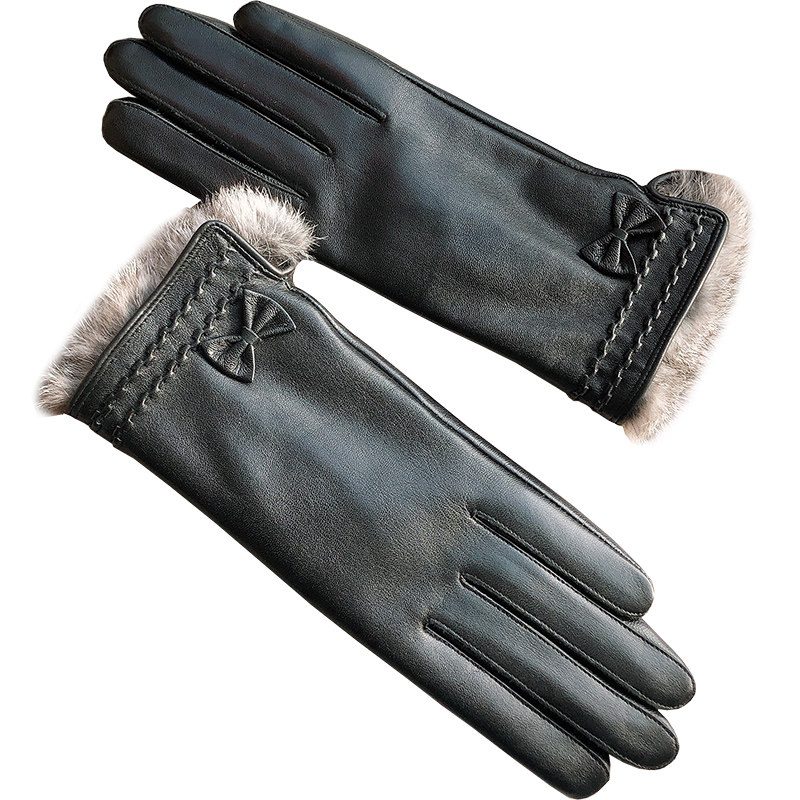 真皮手套女士冬天开车骑行加厚加绒保暖小羊皮手套蝴蝶结兔毛修手