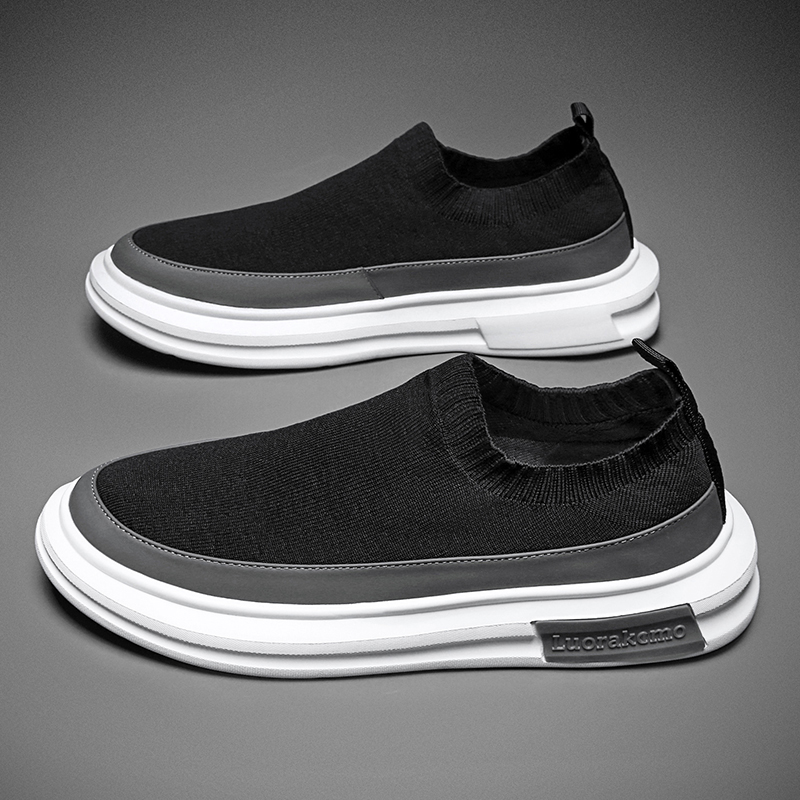 男鞋春秋休闲鞋冬季懒人一脚蹬弹力飞织运动袜子鞋套脚全黑色潮鞋