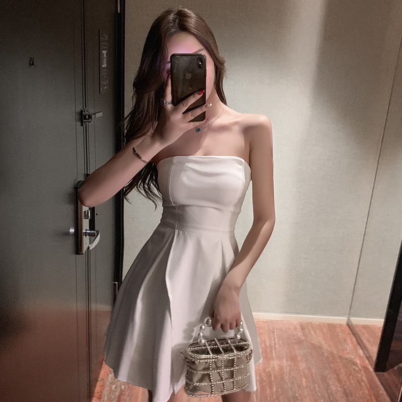 直播衣服一字领收腰显抹胸伴娘礼服总店性感连衣裙