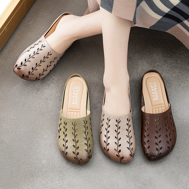 拖鞋女外夏季妈妈真皮包头洞洞中老年女士软底包头拖