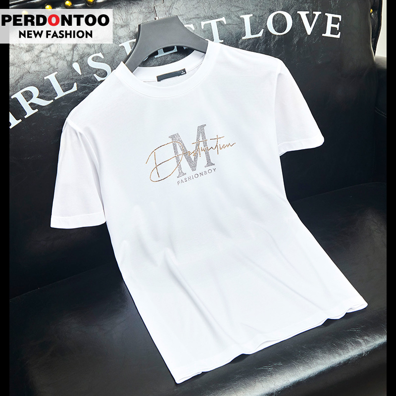 欧货莫代尔冰丝短袖T恤男夏季潮流重工烫钻高端半袖2022新款潮牌