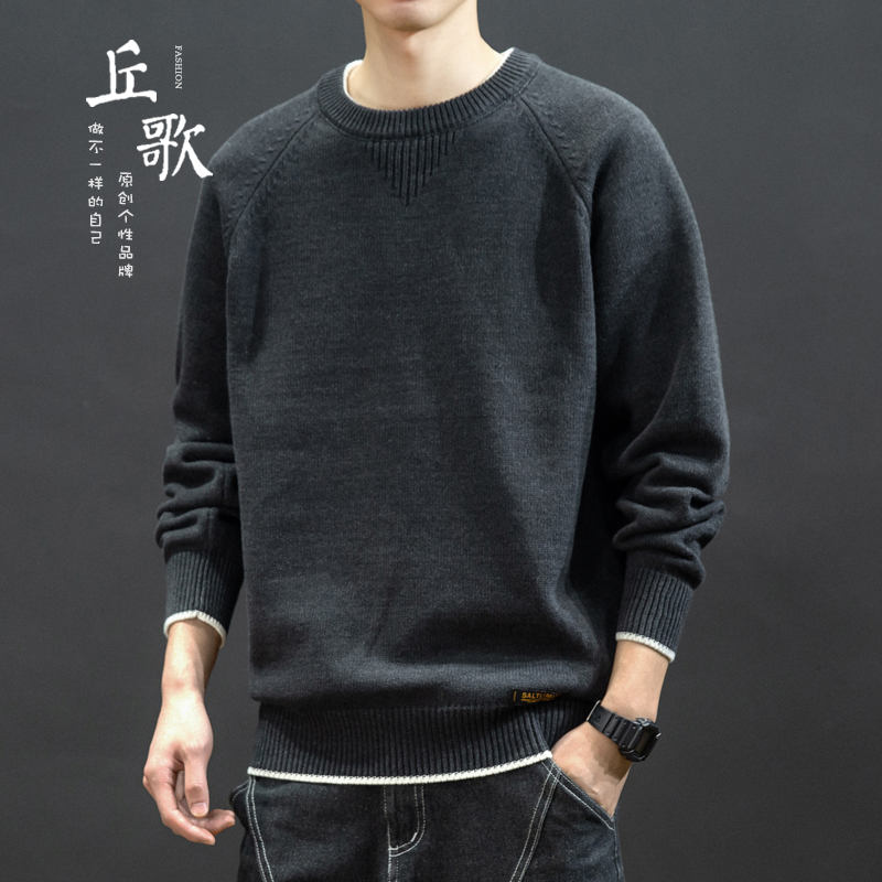 假两件圆领毛衣男宽松韩版打底秋冬季男士线衣潮流个性帅气针织衫