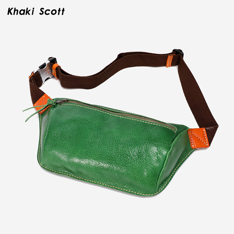 khakiscott胸包男真皮斜挎背包时尚潮流油蜡牛皮休闲胸包