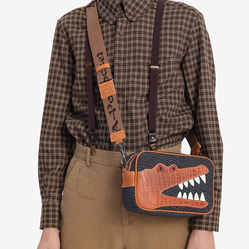 khakiscott胡椒盐斜肩包潮流牛皮男生休闲单肩包斜挎包女相机包