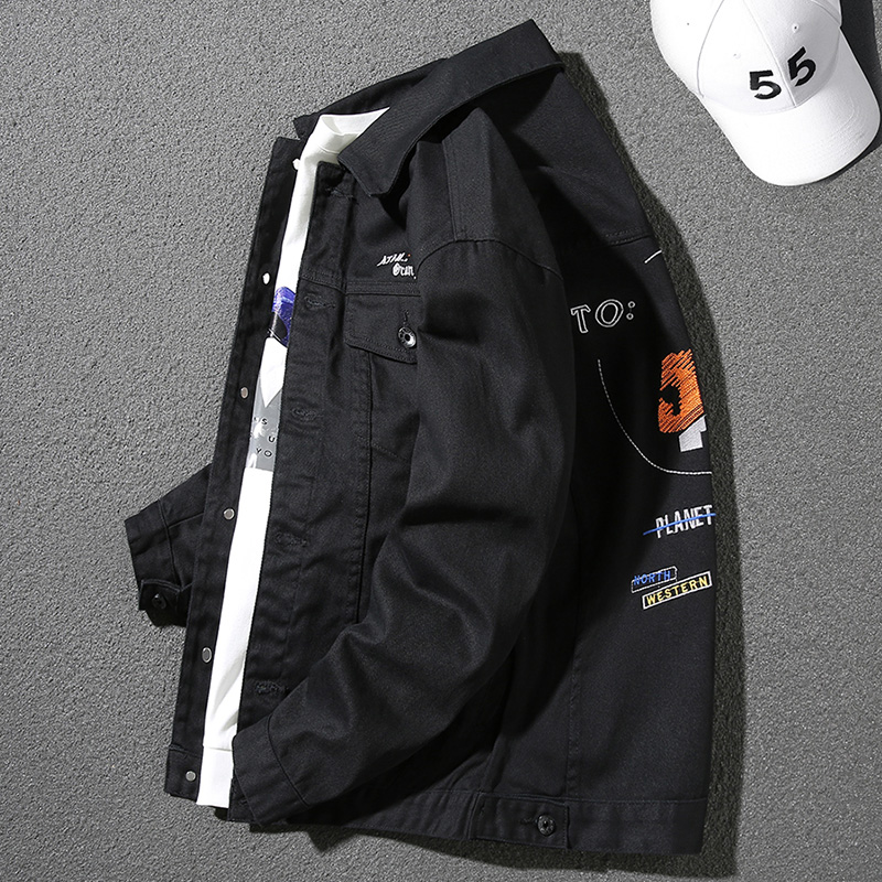 帅气黑色牛仔外套男秋冬潮流韩版原创字母刺绣方领青年百搭夹克