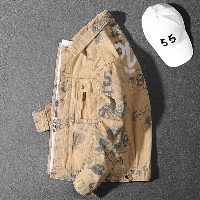 帅气卡其色2021春秋季牛仔夹克男潮牌男外套宽松大码潮流休闲上衣