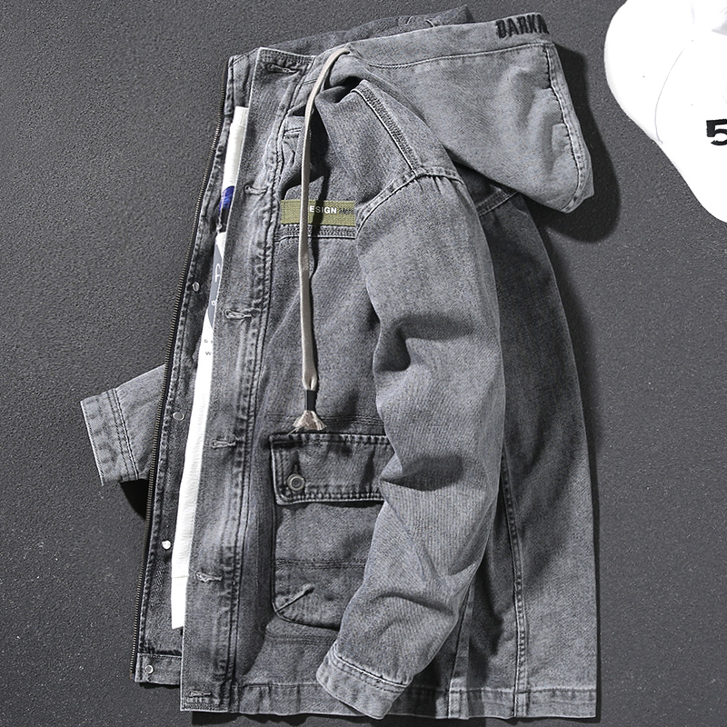 连帽加绒加厚牛仔外套男秋冬季新款复古烟灰色中长大口袋宽松夹克
