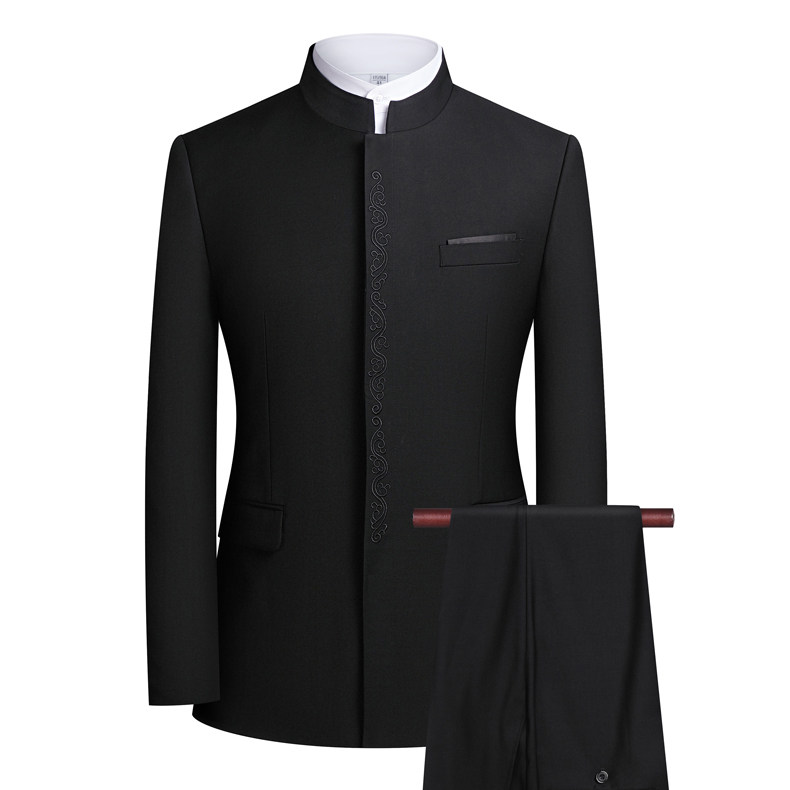 中山装春秋中式婚礼礼服修身暗门立领西服套装西服套装