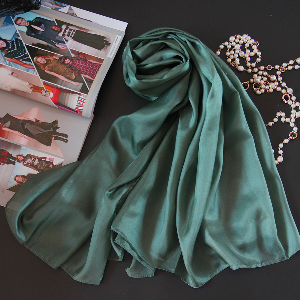 深绿纯色丝巾桑蚕蚕丝女长款春秋冬天真丝围巾围巾