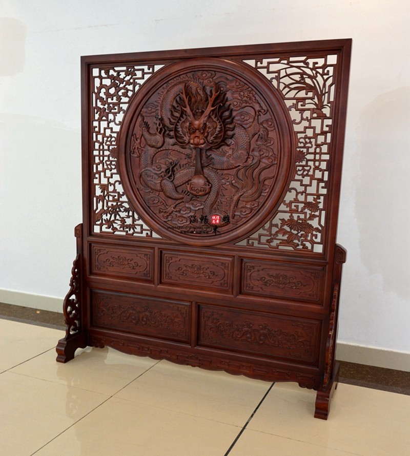 东阳木雕单龙吐落地屏风中式实木仿古隔断客厅插屏