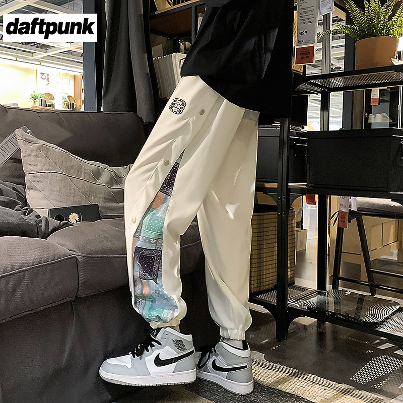 复古国潮腰果花拼接排扣裤子男chic港风夏季高街vibe风卫裤束脚潮