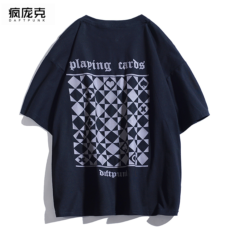 街头国潮暗黑方块格短袖男女T恤嘻哈宽松半袖美式情侣纯棉上衣ins