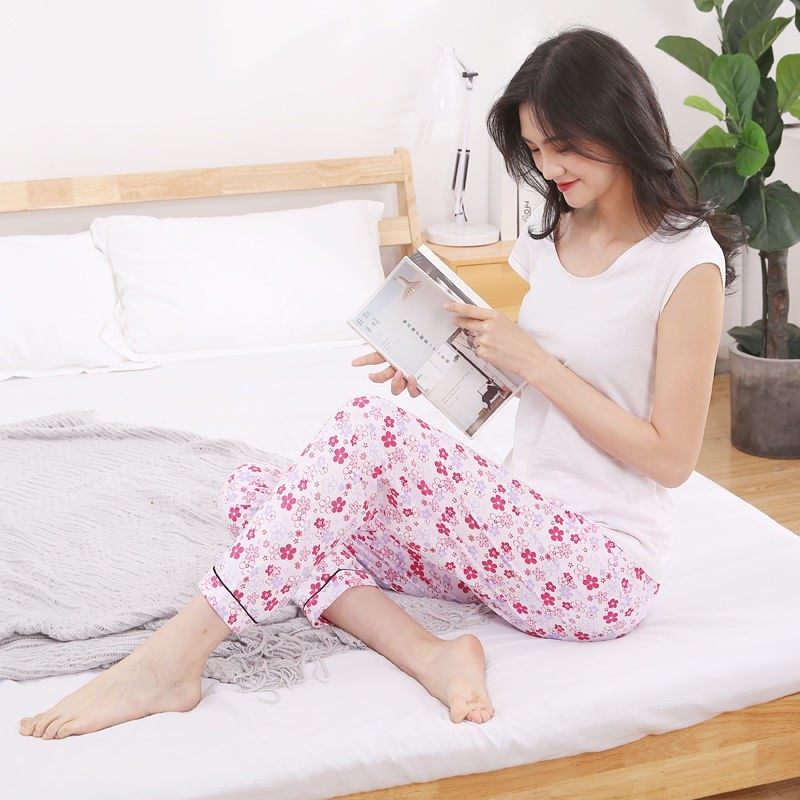 秋季纯棉睡裤女秋长薄款宽松大码长裤单件女士睡裤