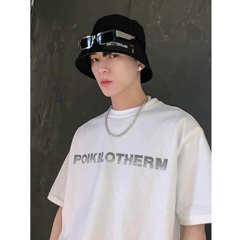 PLTH*欧美夏季潮牌白色自制logo烫钻T恤男女街头ins风情侣款半袖