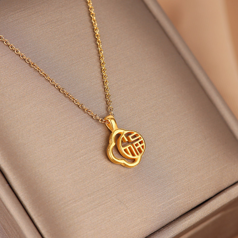 黄金四叶草镂空福字吊坠24k纯金锁骨链女时尚简约颈饰