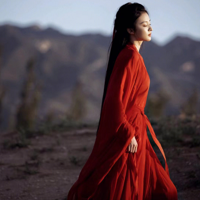 2023新款红色汉服女魏晋风武侠古装飘逸中国古风舞蹈演出服装春季