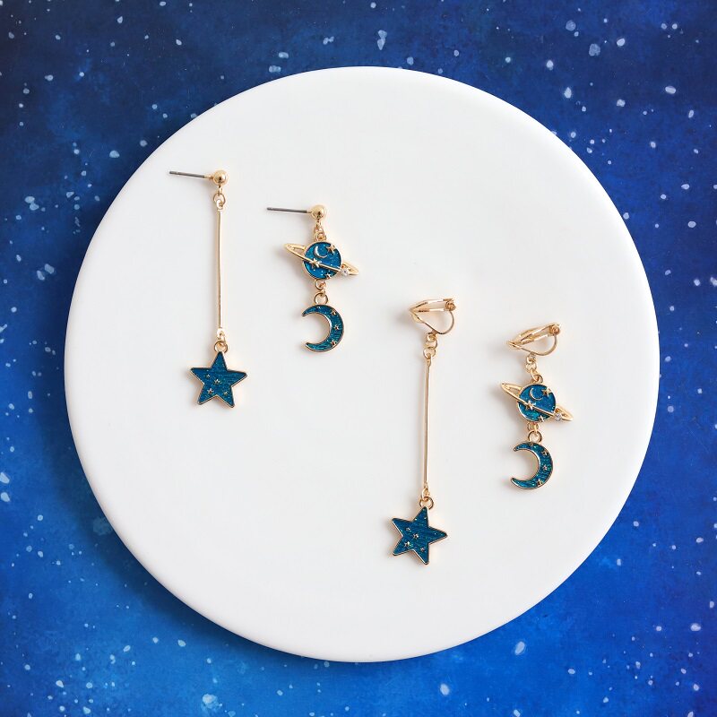 蓝色宇宙宇宙星星空耳环星星月亮耳钉小清新元气耳环